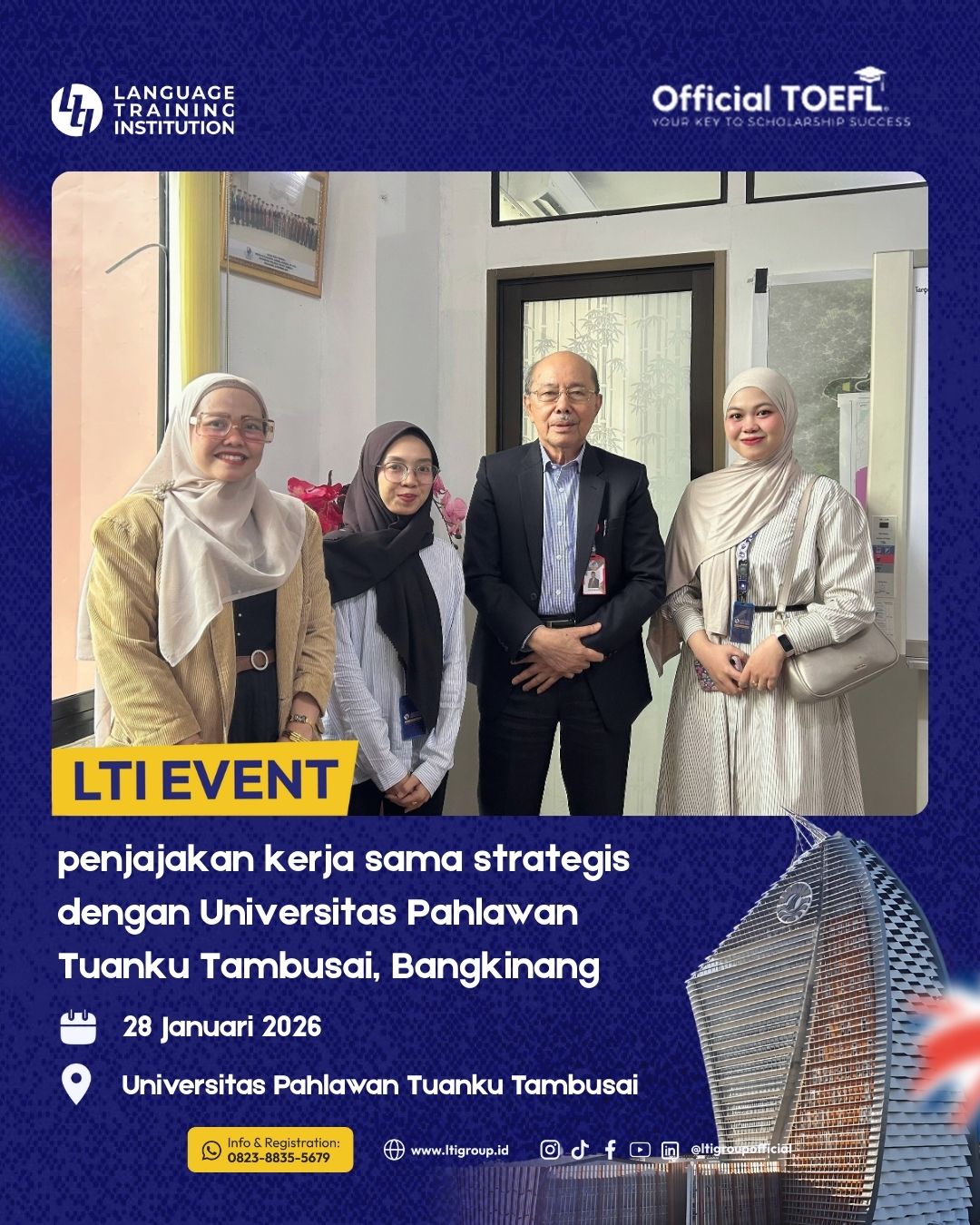 Tim LTI Pekanbaru berfoto bersama Rektor Universitas Pahlawan Tuanku Tambusai dan Kepala UPT Bahasa setelah diskusi kerja sama pengembangan kemampuan bahasa Inggris mahasiswa dan dosen.