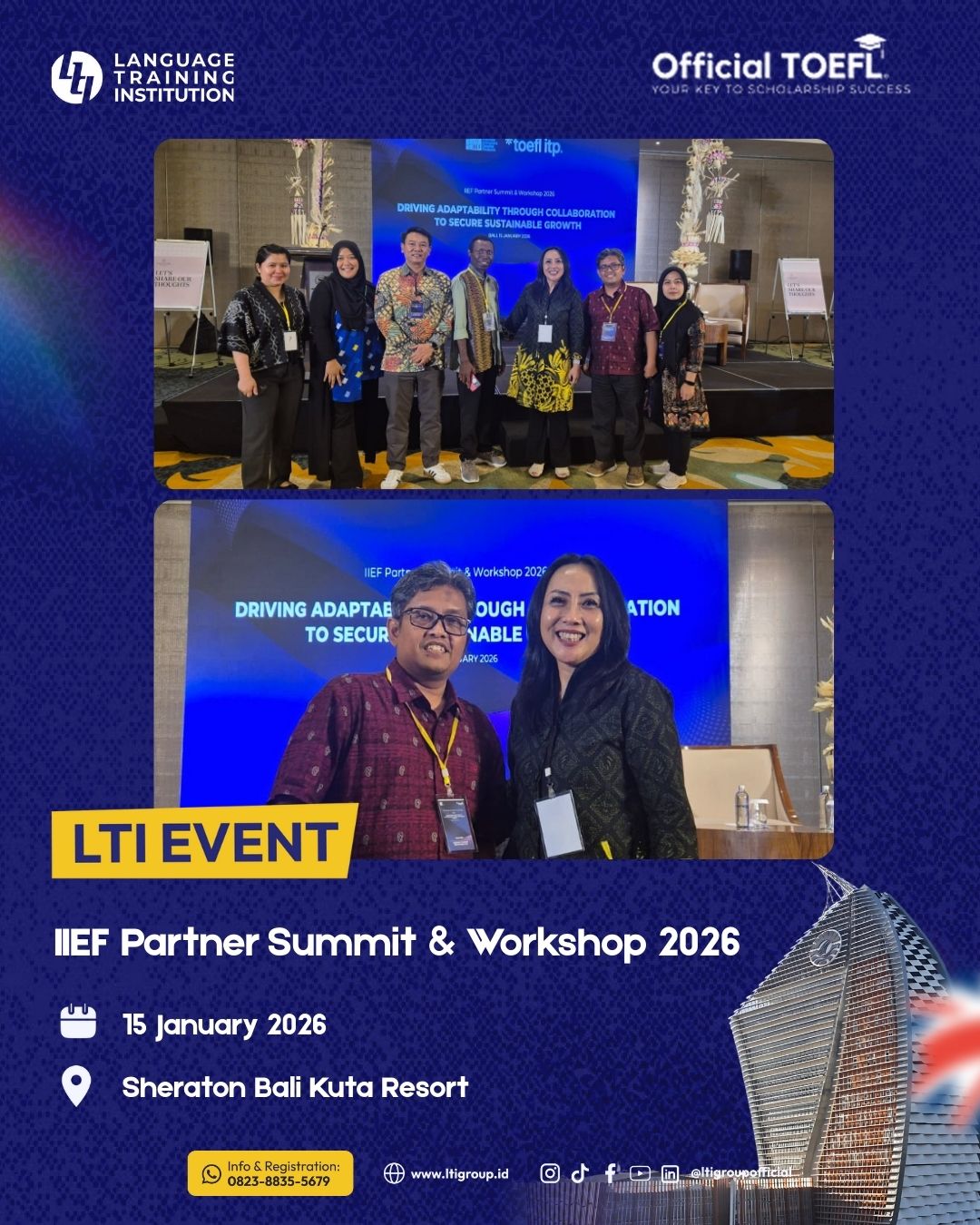 Tim LTI Pekanbaru berfoto bersama Direktur IIEF dan peserta IIEF Partner Summit & Workshop 2026 yang diikuti mitra penyelenggara tes dari berbagai daerah di Indonesia di Bali