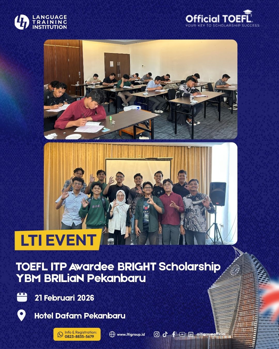 Awardee BRIGHT Scholarship Yayasan Baitul Maal BRILiaN Pekanbaru mengikuti tes TOEFL ITP resmi di LTI Pekanbaru