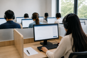 Peserta sedang mengerjakan tes TOEFL di laboratorium komputer.
