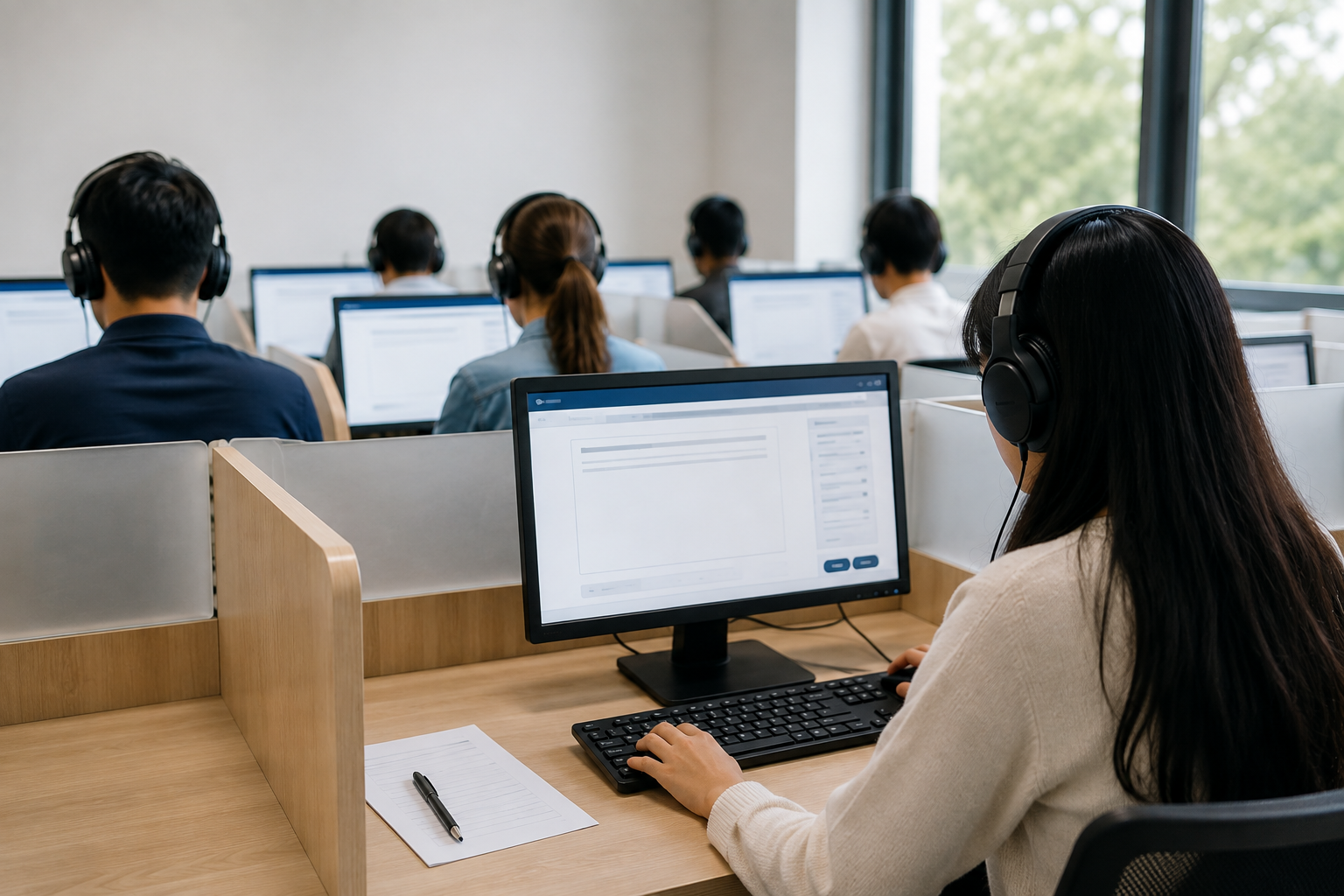Peserta sedang mengerjakan tes TOEFL di laboratorium komputer.
